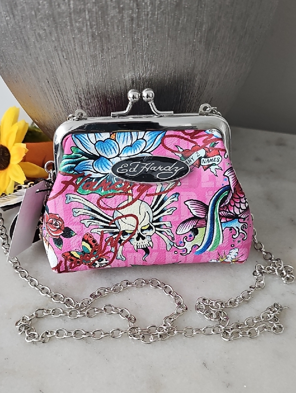 Ed Hardy Pink Tattoo Flash Mini Crossbody Chain Bag